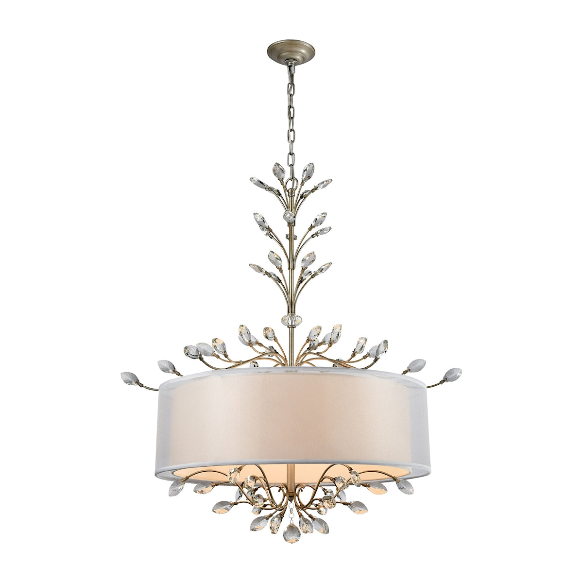 Asbury 6-Light Chandelier in Aged Silver with Organza and White Fabric Shade ELK Lighting | Chandeliers | Modishstore