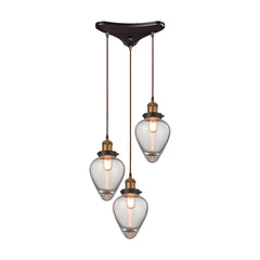Bartram 3-Light Triangular Pendant Fixture in Antique Brass and Oiled Bronze with Clear Optic Glass ELK Lighting