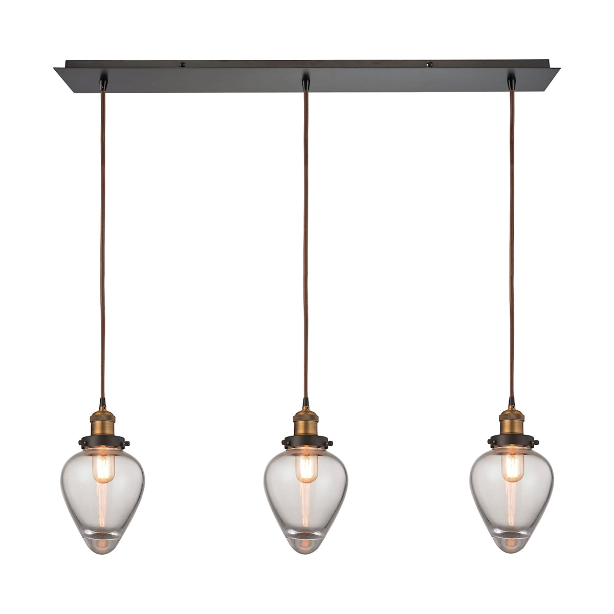 Bartram 3-Light Linear Mini Pendant Fixture in Antique Brass and Oiled Bronze with Clear Optic Glass ELK Lighting | Pendant Lamps | Modishstore