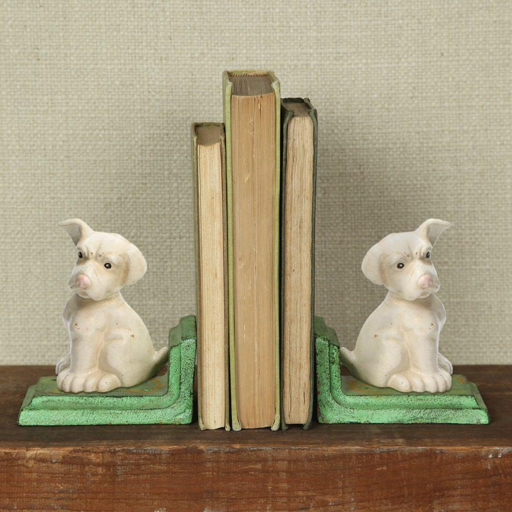HomArt White Puppy Bookends - Cast Iron - White - Feature Image | Modishstore | Bookends