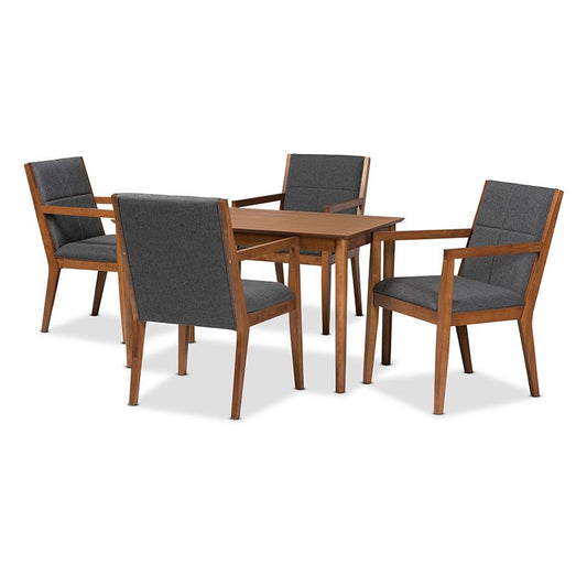 Baxton Studio Theresa Mid-Century Modern Dark Grey Fabric Upholstered and Walnut Brown Finished Wood 5-Piece Dining Set | Dining Sets | Modishstore
