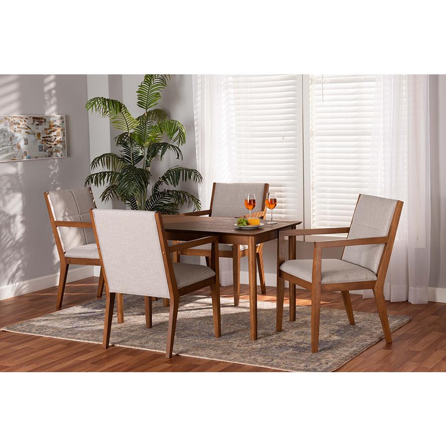 Baxton Studio Theresa Mid-Century Modern Greyish Beige Fabric Upholstered and Walnut Brown Finished Wood 5-Piece Dining Set | Dining Sets | Modishstore - 2