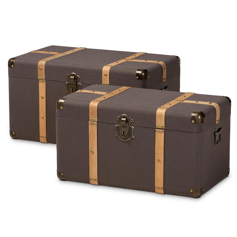 Baxton Studio Stephen Modern and Contemporary Transitional Dark Brown Fabric Upholstered and Oak Brown Finished 2-Piece Storage Trunk Set |  | Modishstore - 2
