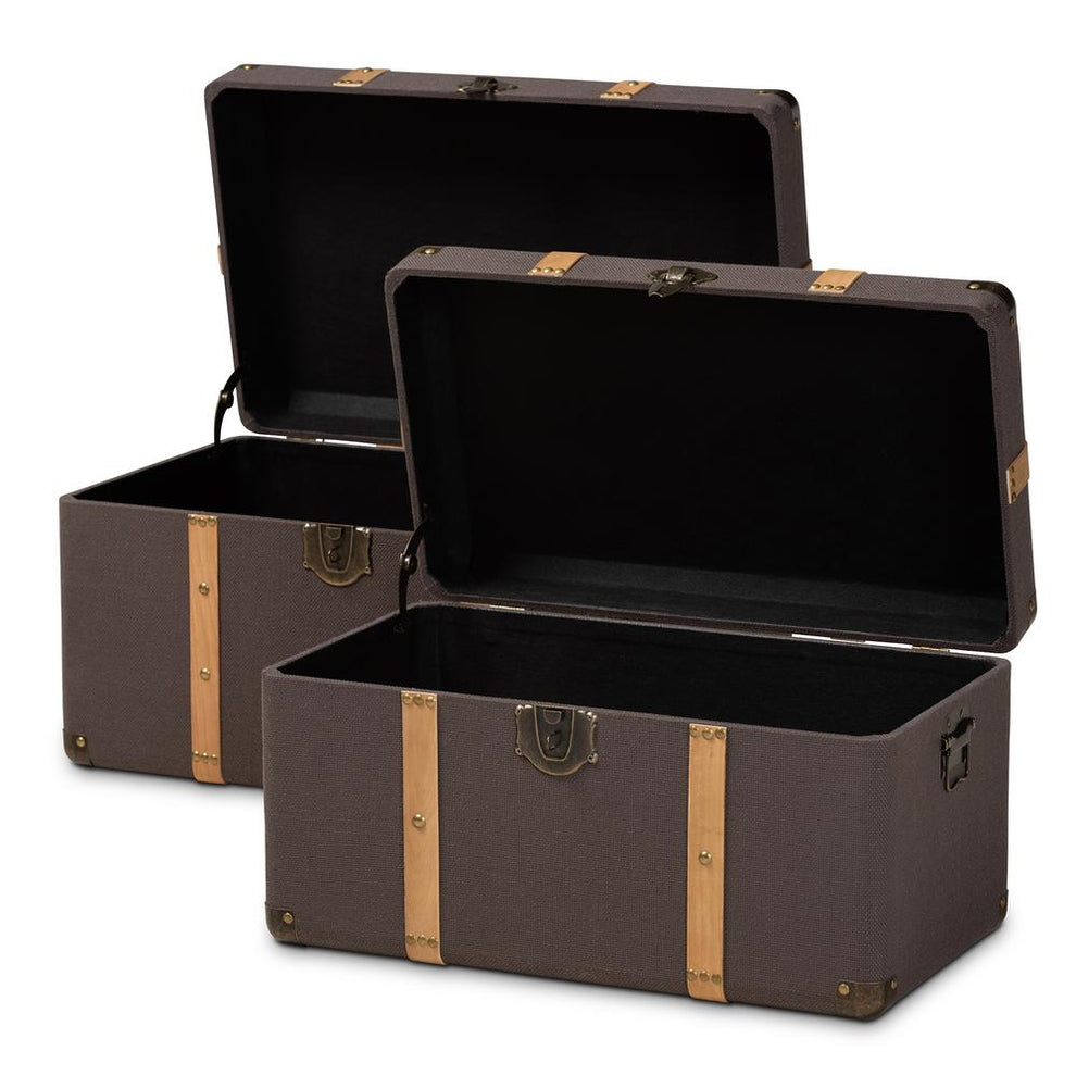 Baxton Studio Stephen Modern and Contemporary Transitional Dark Brown Fabric Upholstered and Oak Brown Finished 2-Piece Storage Trunk Set |  | Modishstore - 3