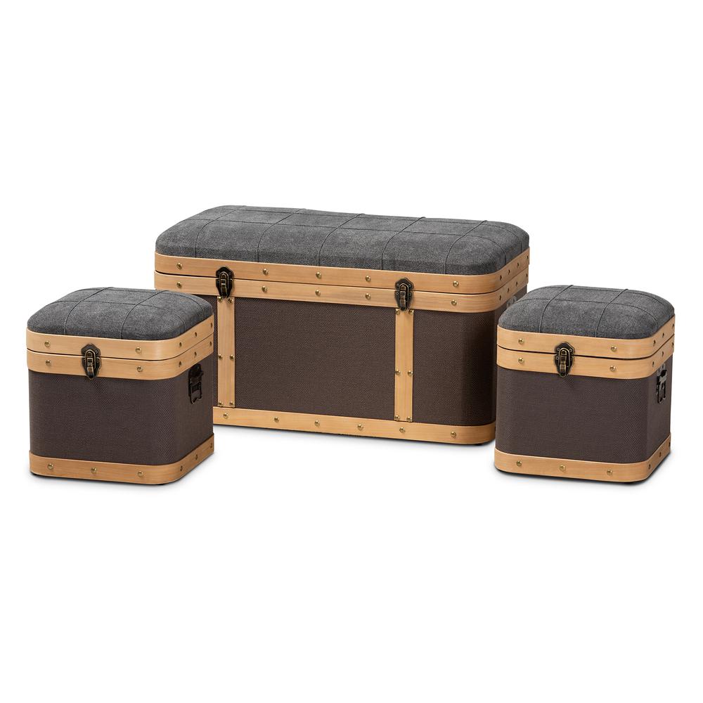 Baxton Studio Clarence Modern and Contemporary Transitional Dark Grey and Dark Brown Fabric Upholstered Oak Brown Finished 3-Piece Storage Ottoman Trunk Set | Ottomans | Modishstore - 2