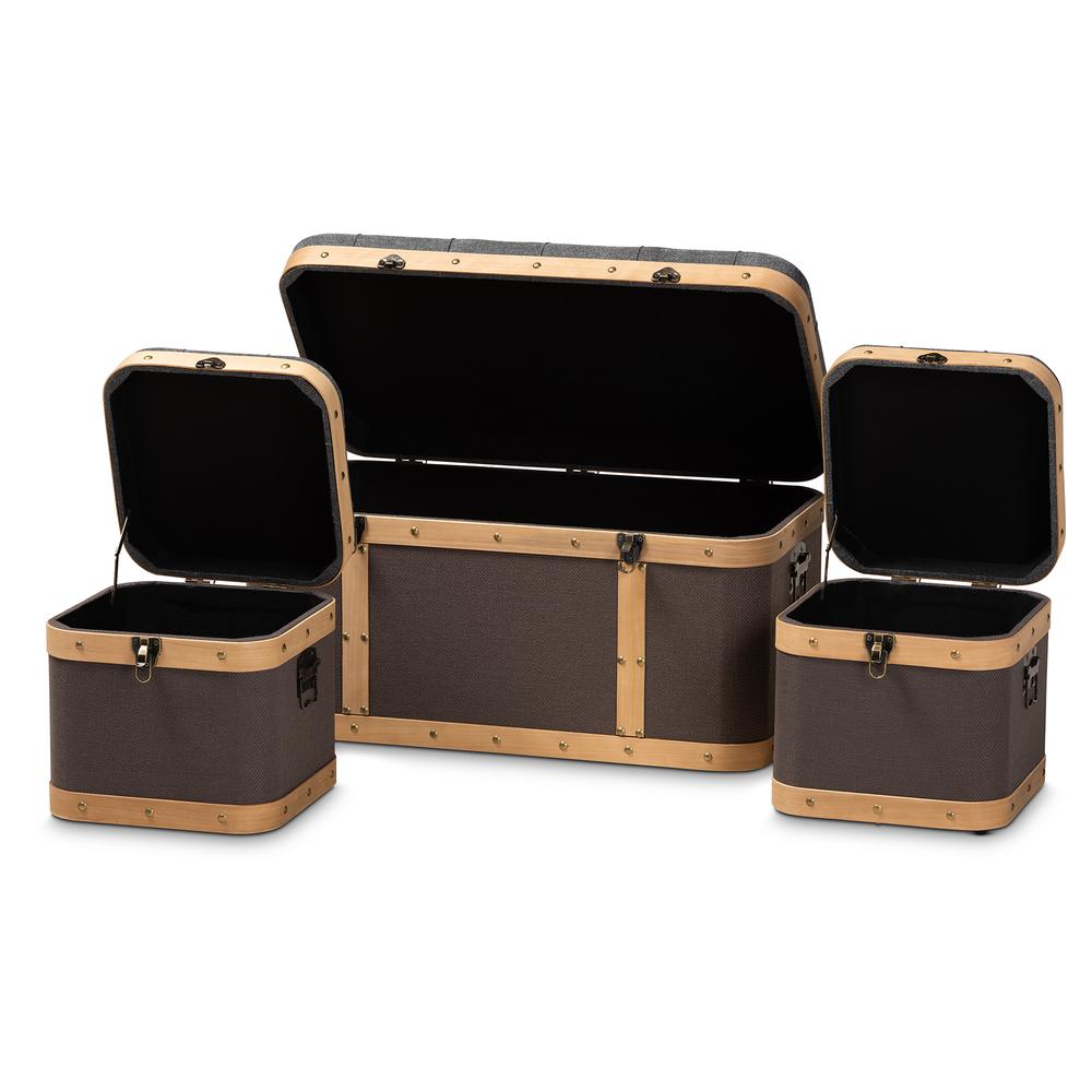 Baxton Studio Clarence Modern and Contemporary Transitional Dark Grey and Dark Brown Fabric Upholstered Oak Brown Finished 3-Piece Storage Ottoman Trunk Set | Ottomans | Modishstore - 3
