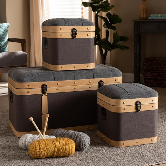 Baxton Studio Clarence Modern and Contemporary Transitional Dark Grey and Dark Brown Fabric Upholstered Oak Brown Finished 3-Piece Storage Ottoman Trunk Set | Ottomans | Modishstore