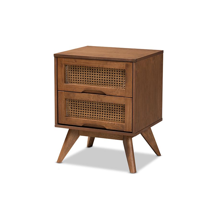 Baxton Studio Barrett Mid-Century Modern Walnut Brown Finished Wood and Synthetic Rattan 2-Drawer Nightstand | Nightstands | Modishstore - 2