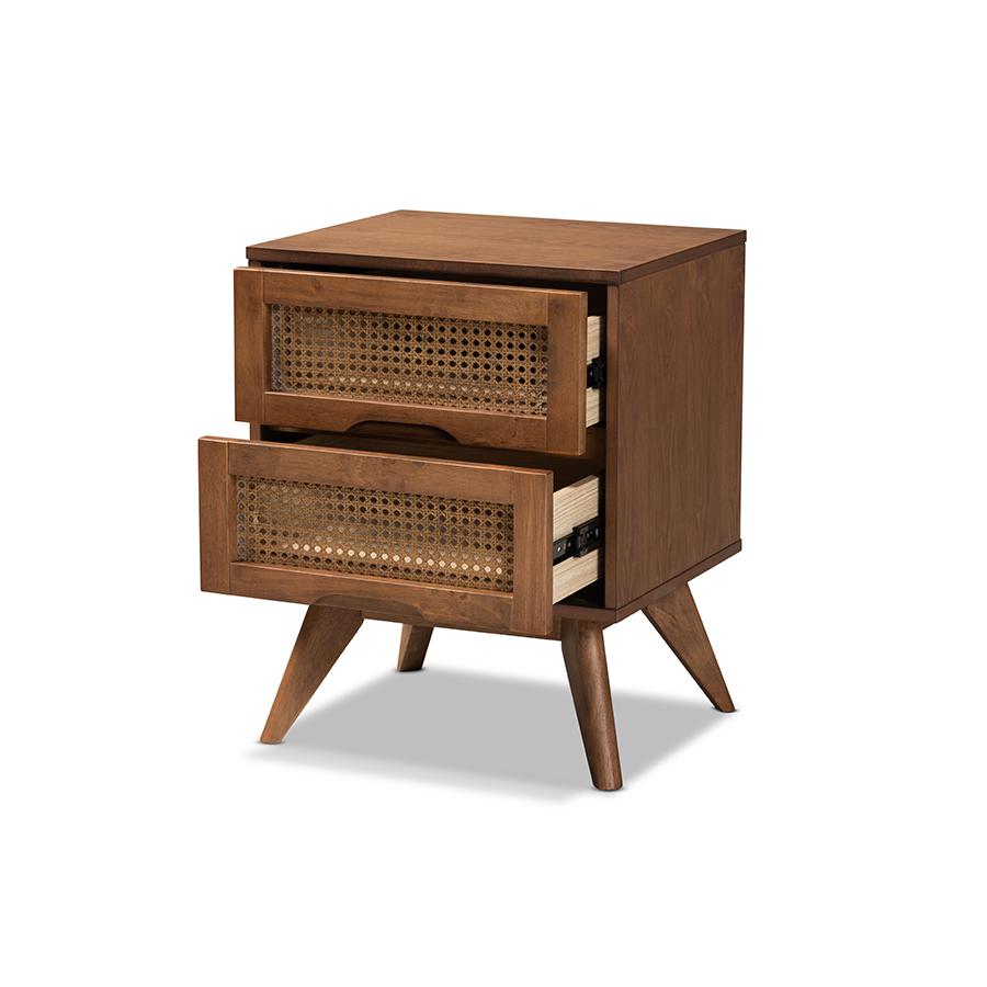 Baxton Studio Barrett Mid-Century Modern Walnut Brown Finished Wood and Synthetic Rattan 2-Drawer Nightstand | Nightstands | Modishstore - 3