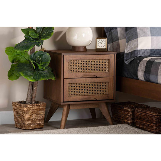 Baxton Studio Barrett Mid-Century Modern Walnut Brown Finished Wood and Synthetic Rattan 2-Drawer Nightstand | Nightstands | Modishstore