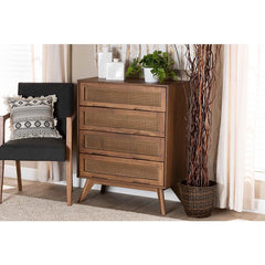 Baxton Studio Barrett Mid-Century Modern Walnut Brown Finished Wood and Synthetic Rattan 4-Drawer Chest