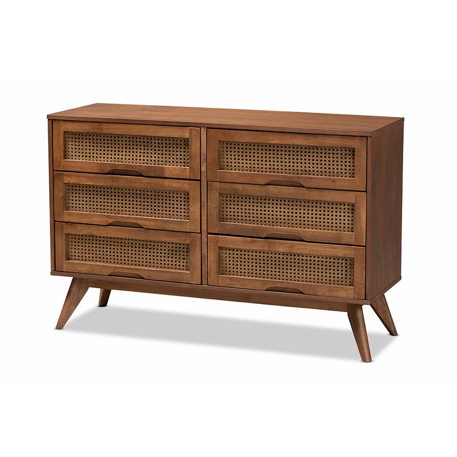 Baxton Studio Barrett Mid-Century Modern Walnut Brown Finished Wood and Synthetic Rattan 6-Drawer Dresser | Dressers | Modishstore - 2