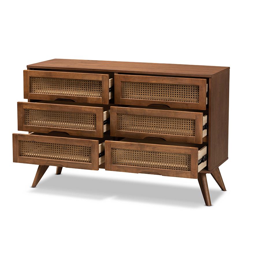 Baxton Studio Barrett Mid-Century Modern Walnut Brown Finished Wood and Synthetic Rattan 6-Drawer Dresser | Dressers | Modishstore - 3