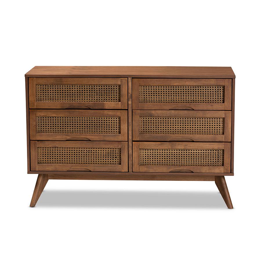 Baxton Studio Barrett Mid-Century Modern Walnut Brown Finished Wood and Synthetic Rattan 6-Drawer Dresser | Dressers | Modishstore - 4