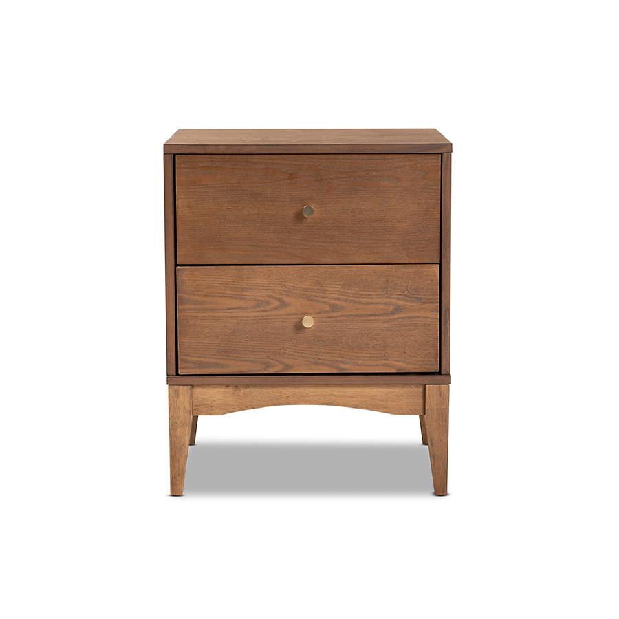 Baxton Studio Landis Mid-Century Modern Ash Walnut Finished Wood 2-Drawer Nightstand | Nightstands | Modishstore - 3