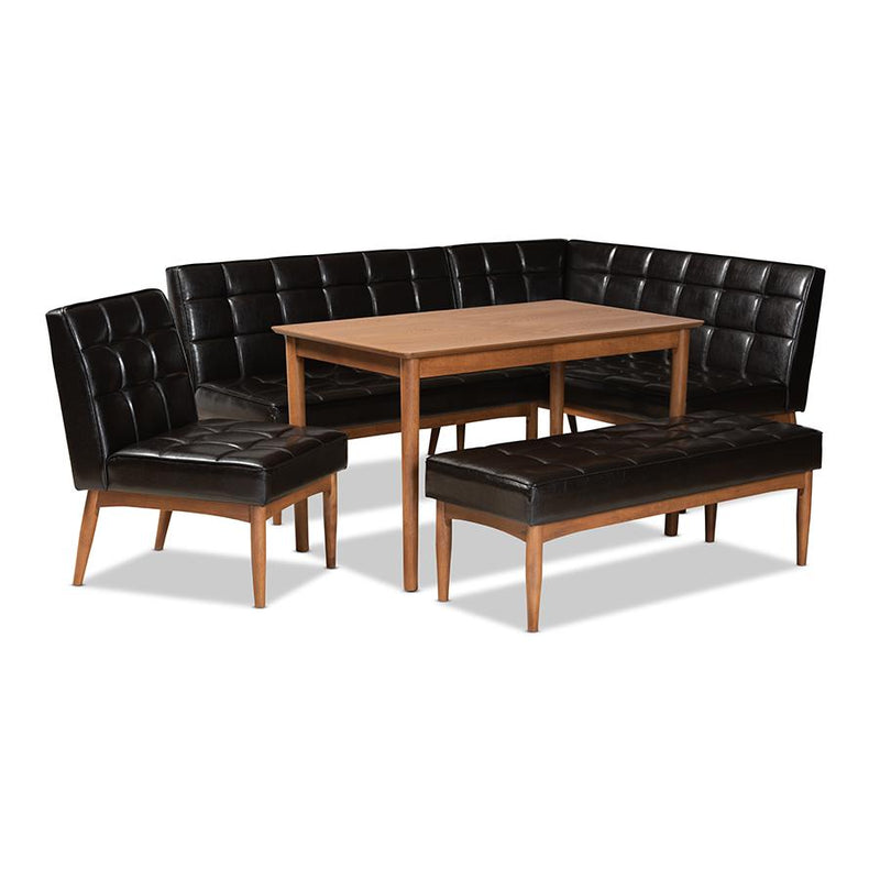 Baxton Studio Sanford Mid-Century Modern Dark Brown Faux Leather Upholstered and Walnut Brown Finished Wood 5-Piece Dining Nook Set | Dining Sets | Modishstore