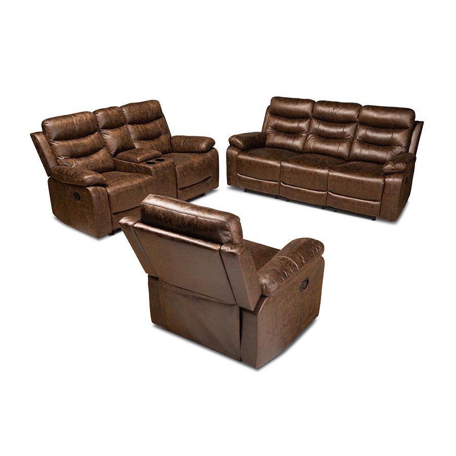 Baxton Studio Beasely Modern and Contemporary Distressed Brown Faux Leather Upholstered 3-Piece Living Room Set | Sofas | Modishstore - 9