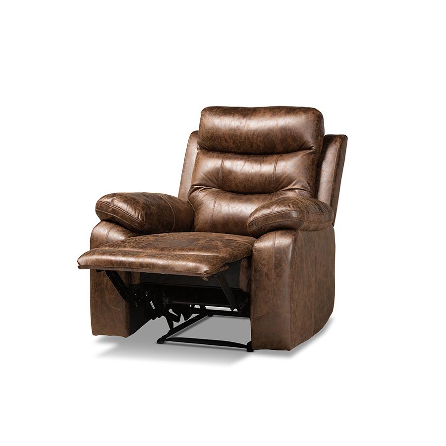 Baxton Studio Beasely Modern and Contemporary Distressed Brown Faux Leather Upholstered Recliner | Chairs & Recliners | Modishstore - 2