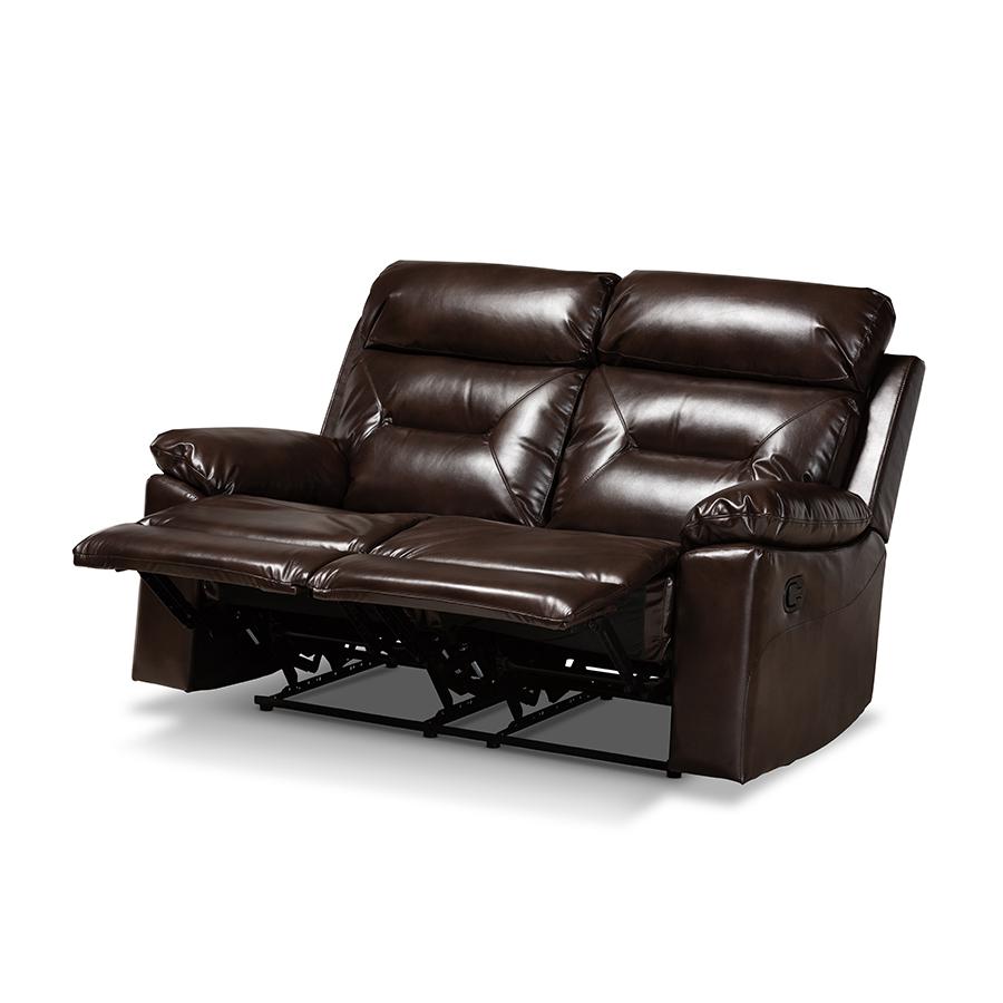Baxton Studio Byron Modern and Contemporary Dark Brown Faux Leather Upholstered 2-Seater Reclining Loveseat | Loveseats | Modishstore - 4