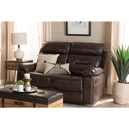 Baxton Studio Byron Modern and Contemporary Dark Brown Faux Leather Upholstered 2-Seater Reclining Loveseat | Loveseats | Modishstore