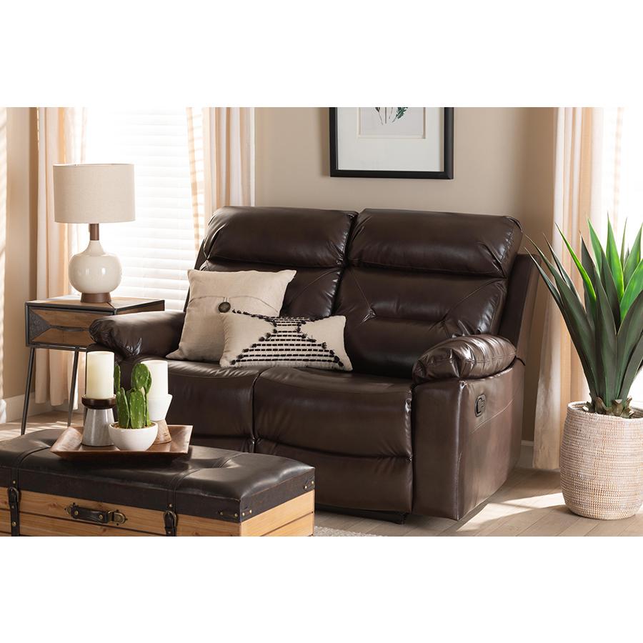 Baxton Studio Byron Modern and Contemporary Dark Brown Faux Leather Upholstered 2-Seater Reclining Loveseat | Loveseats | Modishstore - 2