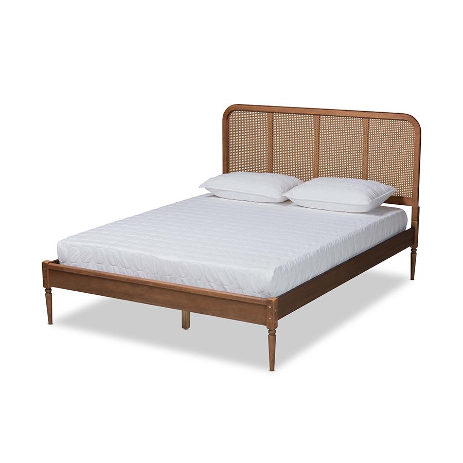 Baxton Studio Elston Mid-Century Modern Walnut Brown Finished Wood and Synthetic Rattan Full Size Platform Bed | Beds | Modishstore
