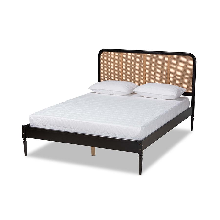 Baxton Studio Elston Mid-Century Modern Charcoal Finished Wood and Synthetic Rattan Queen Size Platform Bed | Beds | Modishstore
