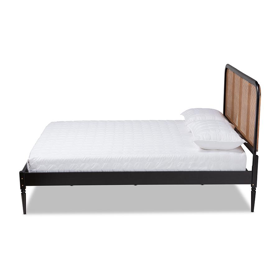 Baxton Studio Elston Mid-Century Modern Charcoal Finished Wood and Synthetic Rattan Queen Size Platform Bed | Beds | Modishstore - 2