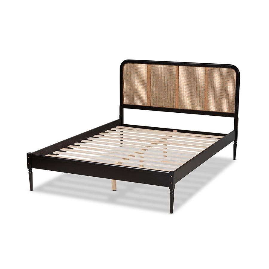 Baxton Studio Elston Mid-Century Modern Charcoal Finished Wood and Synthetic Rattan Queen Size Platform Bed | Beds | Modishstore - 3