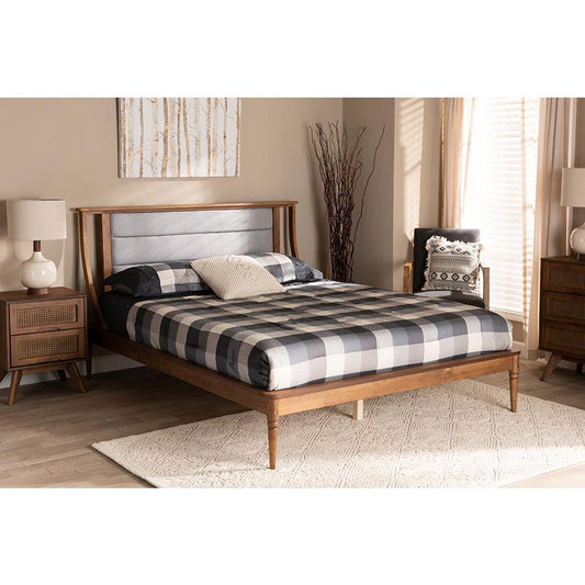 Baxton Studio Regis Modern and Contemporary Transitional Light Grey Fabric Upholstered and Walnut Brown Finished Wood Full Size Platform Bed | Beds | Modishstore