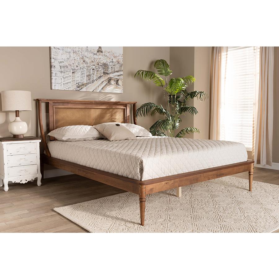 Baxton Studio Jamila Modern Transitional Walnut Brown Finished Wood and Synthetic Rattan Full Size Platform Bed | Beds | Modishstore