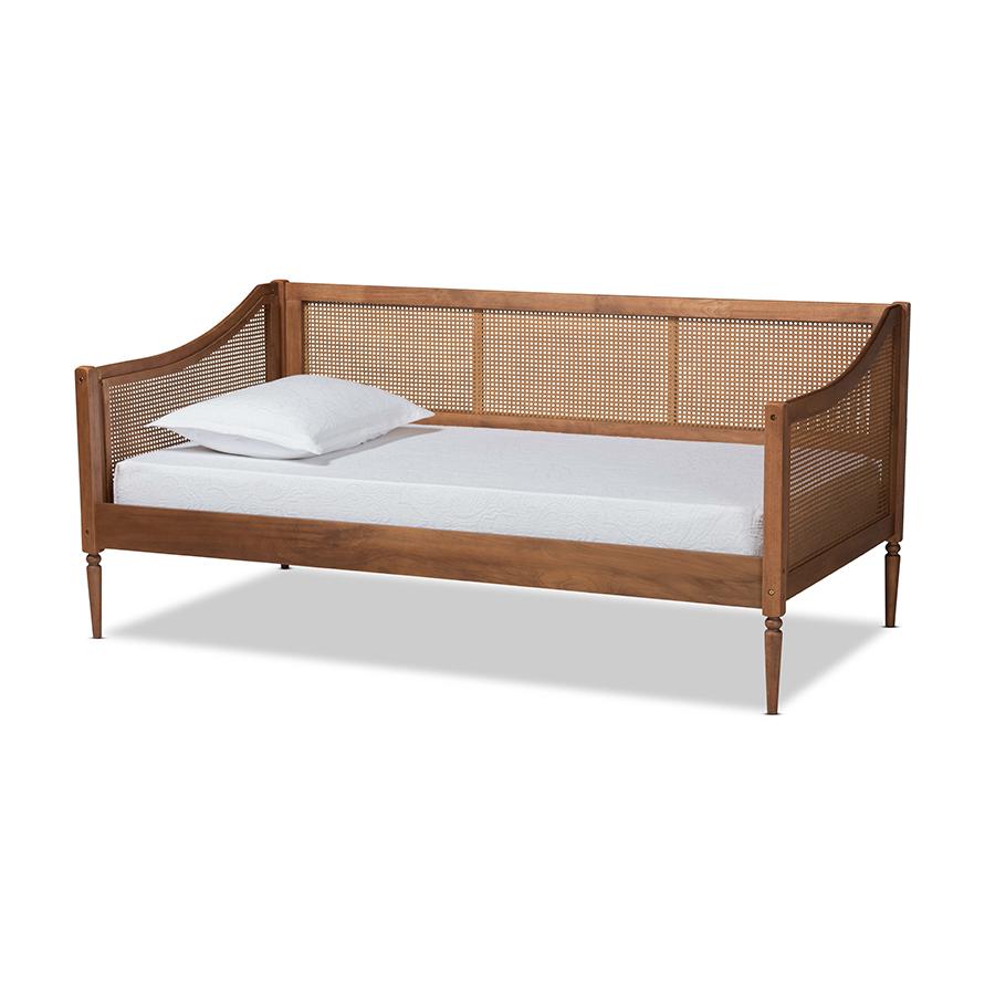 Baxton Studio Ogden Mid-Century Modern Walnut Brown Finished Wood and Synthetic Rattan Twin Size Daybed | Daybeds | Modishstore - 2
