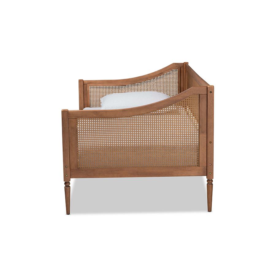 Baxton Studio Ogden Mid-Century Modern Walnut Brown Finished Wood and Synthetic Rattan Twin Size Daybed | Daybeds | Modishstore - 3