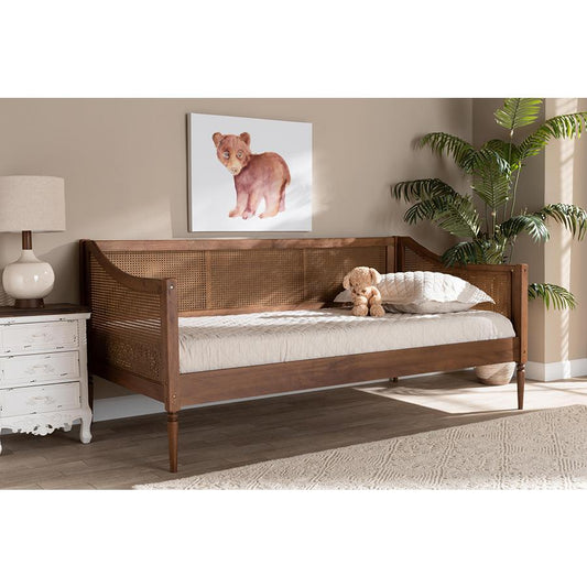 Baxton Studio Ogden Mid-Century Modern Walnut Brown Finished Wood and Synthetic Rattan Twin Size Daybed | Daybeds | Modishstore