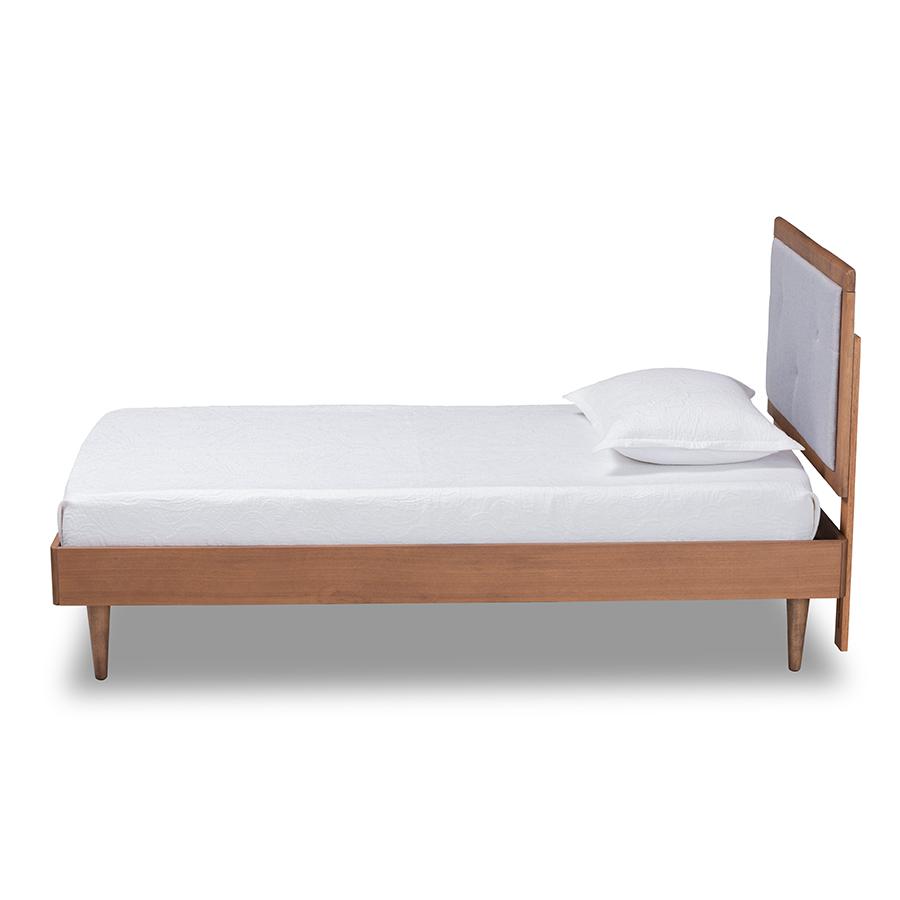 Baxton Studio Saul Mid-Century Modern Light Grey Fabric Upholstered and Walnut Brown Finished Wood Twin Size Platform Bed | Beds | Modishstore - 3