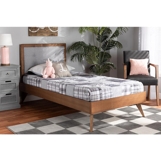 Baxton Studio Laima Mid-Century Modern Light Grey Fabric Upholstered and Walnut Brown Finished Wood Twin Size Platform Bed | Beds | Modishstore