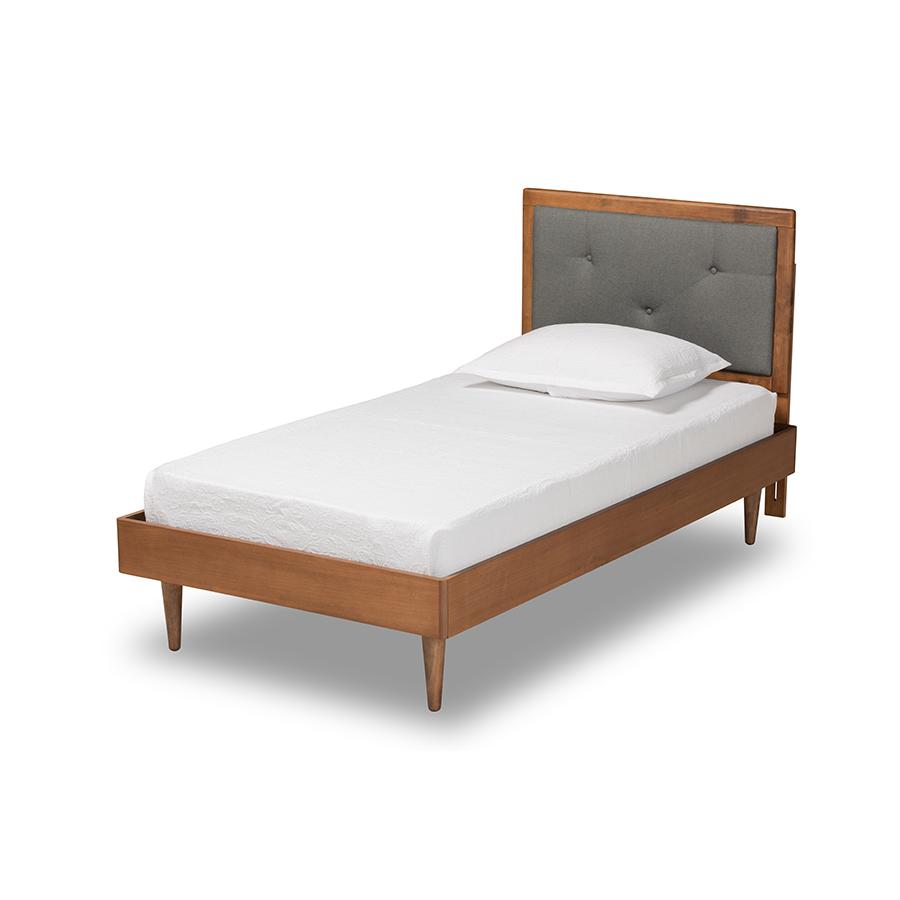 Baxton Studio Saul Mid-Century Modern Dark Grey Fabric Upholstered and Walnut Brown Finished Wood Twin Size Platform Bed | Beds | Modishstore - 2
