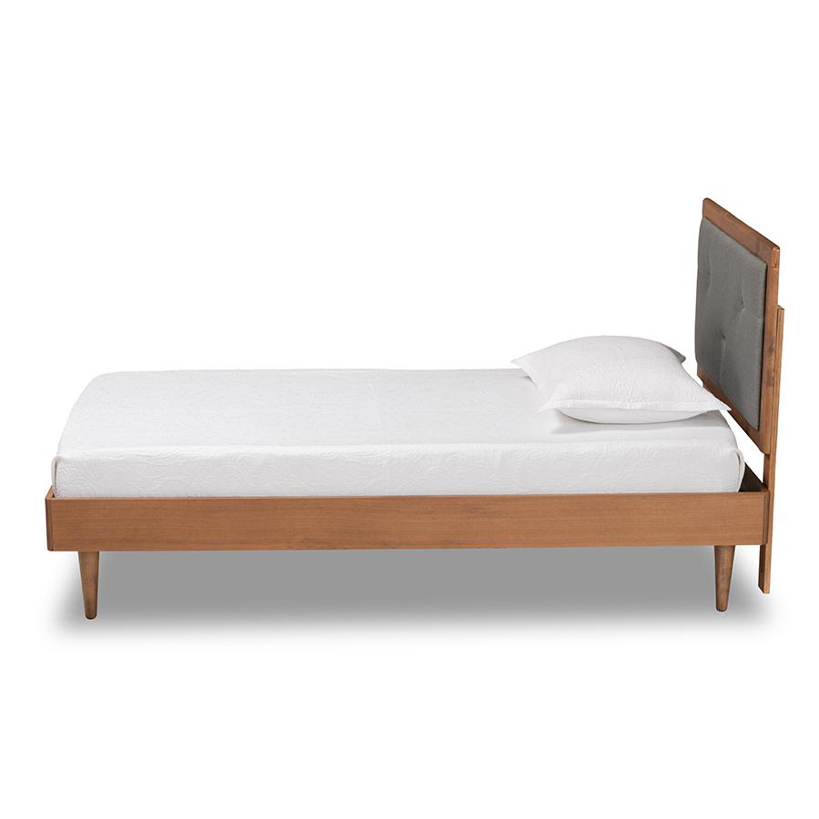 Baxton Studio Saul Mid-Century Modern Dark Grey Fabric Upholstered and Walnut Brown Finished Wood Twin Size Platform Bed | Beds | Modishstore - 3