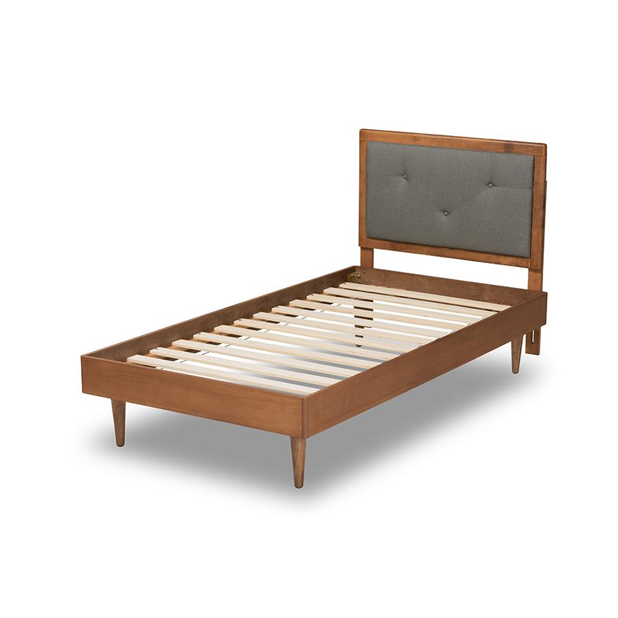 Baxton Studio Saul Mid-Century Modern Dark Grey Fabric Upholstered and Walnut Brown Finished Wood Twin Size Platform Bed | Beds | Modishstore - 4