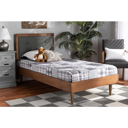 Baxton Studio Saul Mid-Century Modern Dark Grey Fabric Upholstered and Walnut Brown Finished Wood Twin Size Platform Bed | Beds | Modishstore
