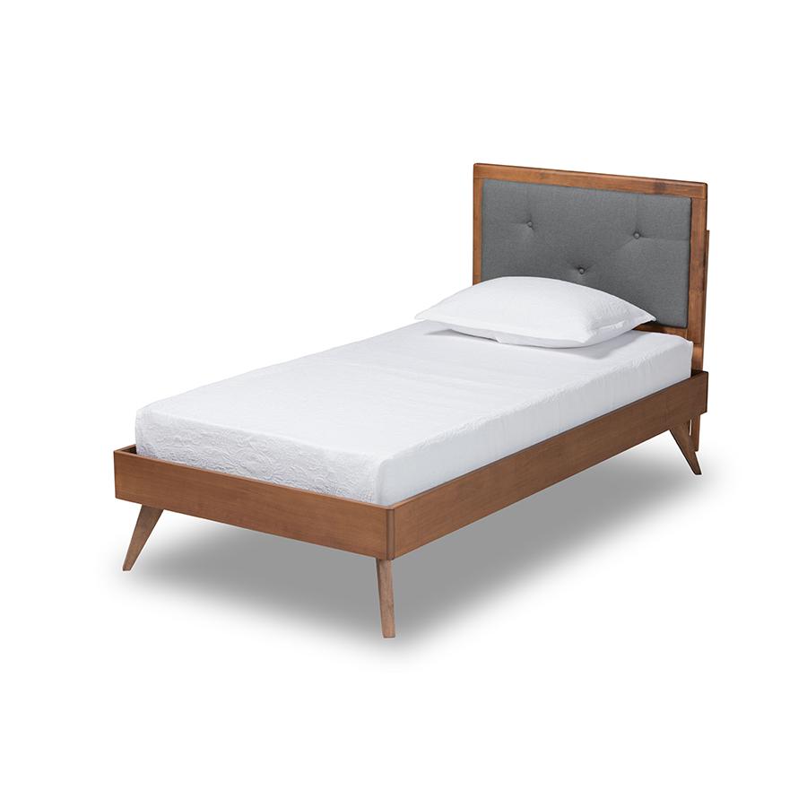 Baxton Studio Laima Mid-Century Modern Dark Grey Fabric Upholstered and Walnut Brown Finished Wood Twin Size Platform Bed | Beds | Modishstore - 2