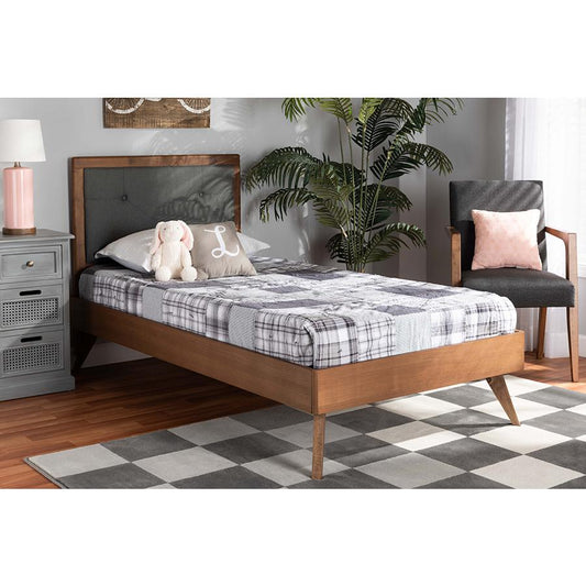 Baxton Studio Laima Mid-Century Modern Dark Grey Fabric Upholstered and Walnut Brown Finished Wood Twin Size Platform Bed | Beds | Modishstore