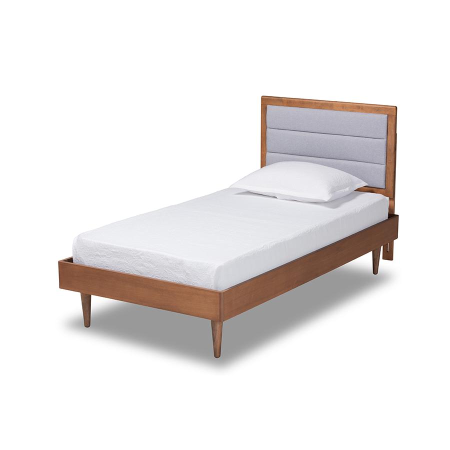 Baxton Studio Seren Mid-Century Modern Light Grey Fabric Upholstered and Walnut Brown Finished Wood Twin Size Platform Bed | Beds | Modishstore - 2