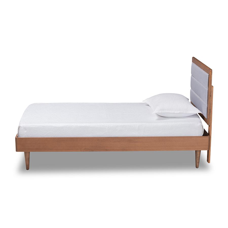Baxton Studio Seren Mid-Century Modern Light Grey Fabric Upholstered and Walnut Brown Finished Wood Twin Size Platform Bed | Beds | Modishstore - 3