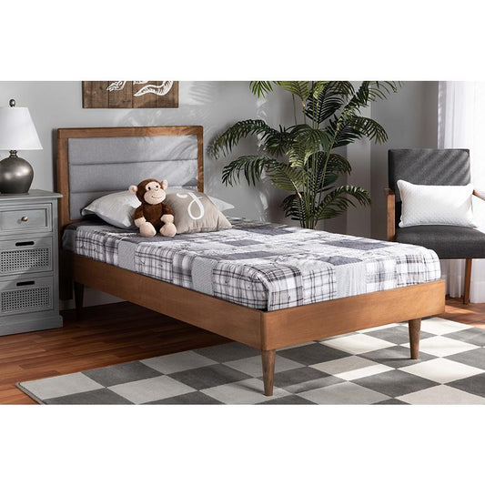 Baxton Studio Seren Mid-Century Modern Light Grey Fabric Upholstered and Walnut Brown Finished Wood Twin Size Platform Bed | Beds | Modishstore
