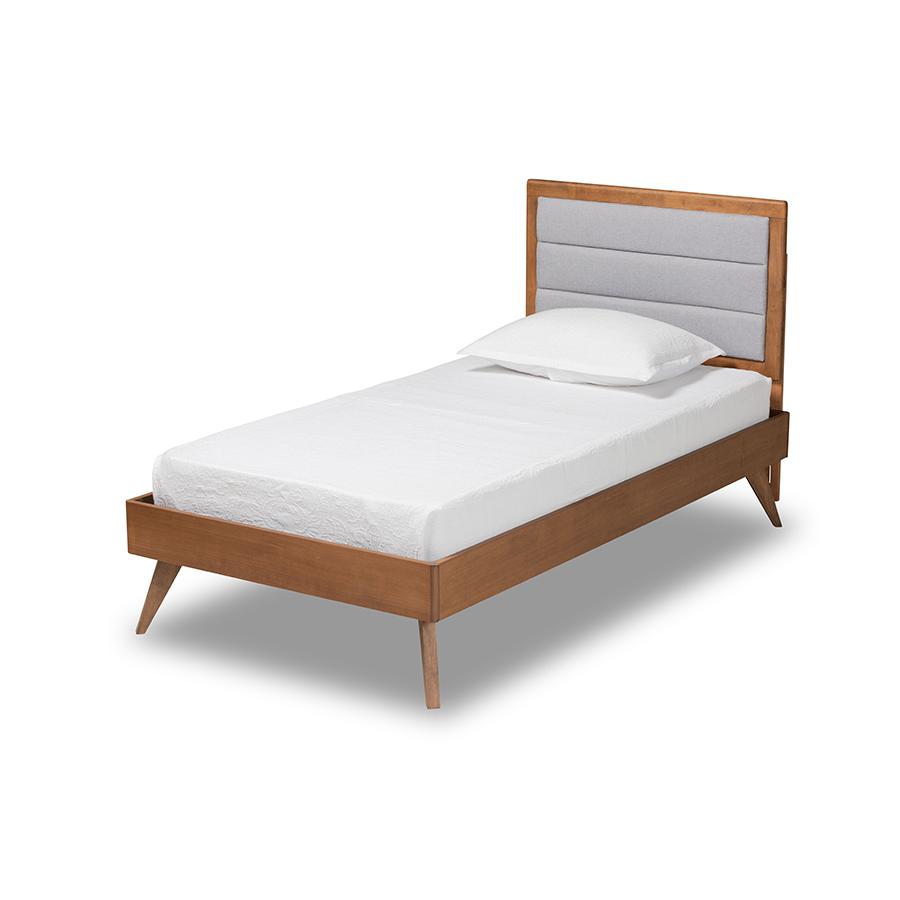 Baxton Studio Linn Mid-Century Modern Light Grey Fabric Upholstered and Walnut Brown Finished Wood Twin Size Platform Bed | Beds | Modishstore - 2