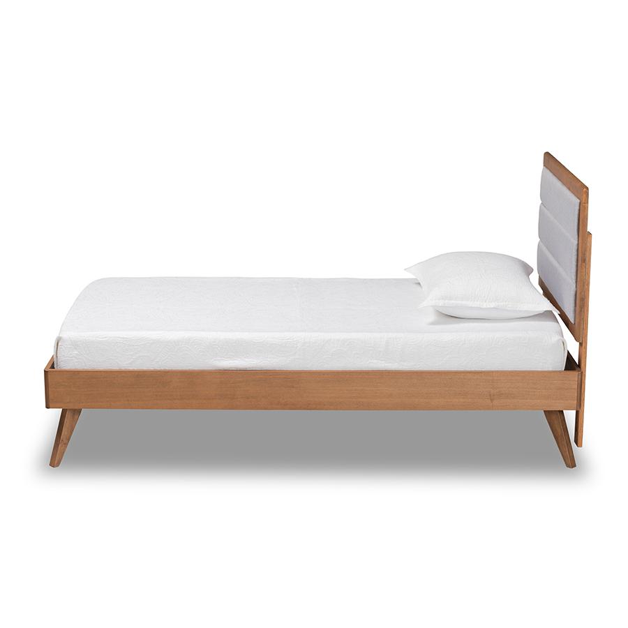 Baxton Studio Linn Mid-Century Modern Light Grey Fabric Upholstered and Walnut Brown Finished Wood Twin Size Platform Bed | Beds | Modishstore - 3