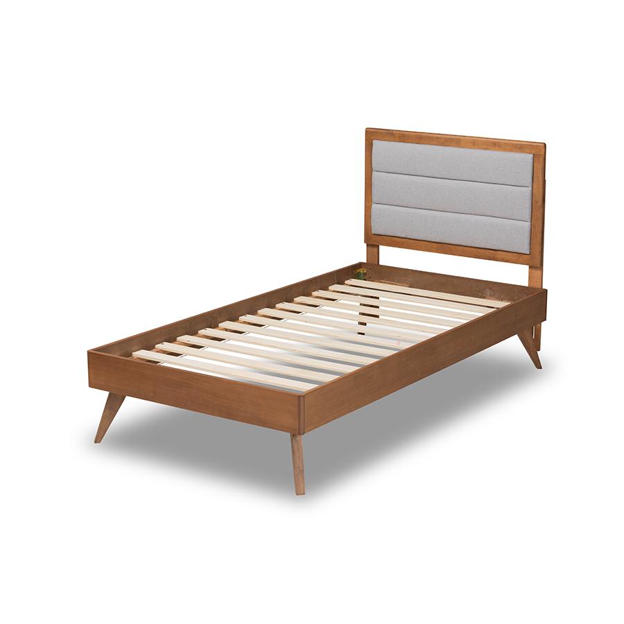 Baxton Studio Linn Mid-Century Modern Light Grey Fabric Upholstered and Walnut Brown Finished Wood Twin Size Platform Bed | Beds | Modishstore - 4