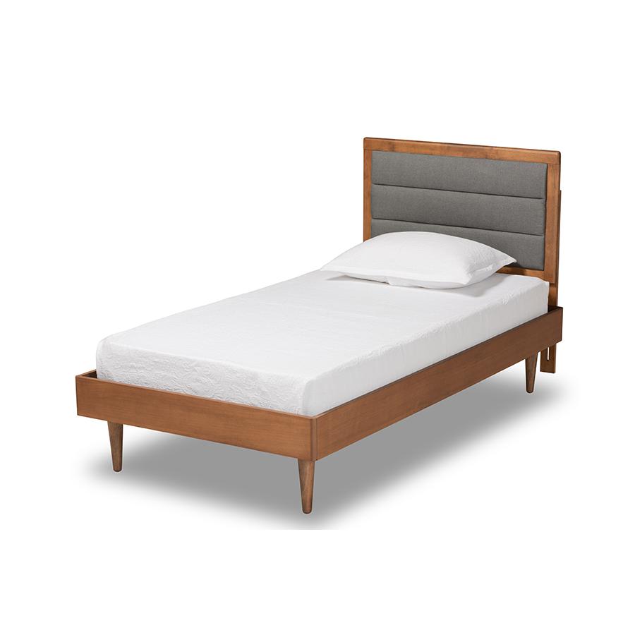 Baxton Studio Seren Mid-Century Modern Dark Grey Fabric Upholstered and Walnut Brown Finished Wood Twin Size Platform Bed | Beds | Modishstore - 2