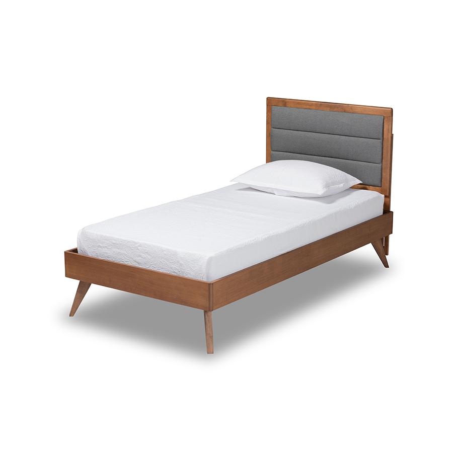 Baxton Studio Linn Mid-Century Modern Dark Grey Fabric Upholstered and Walnut Brown Finished Wood Twin Size Platform Bed | Beds | Modishstore - 2